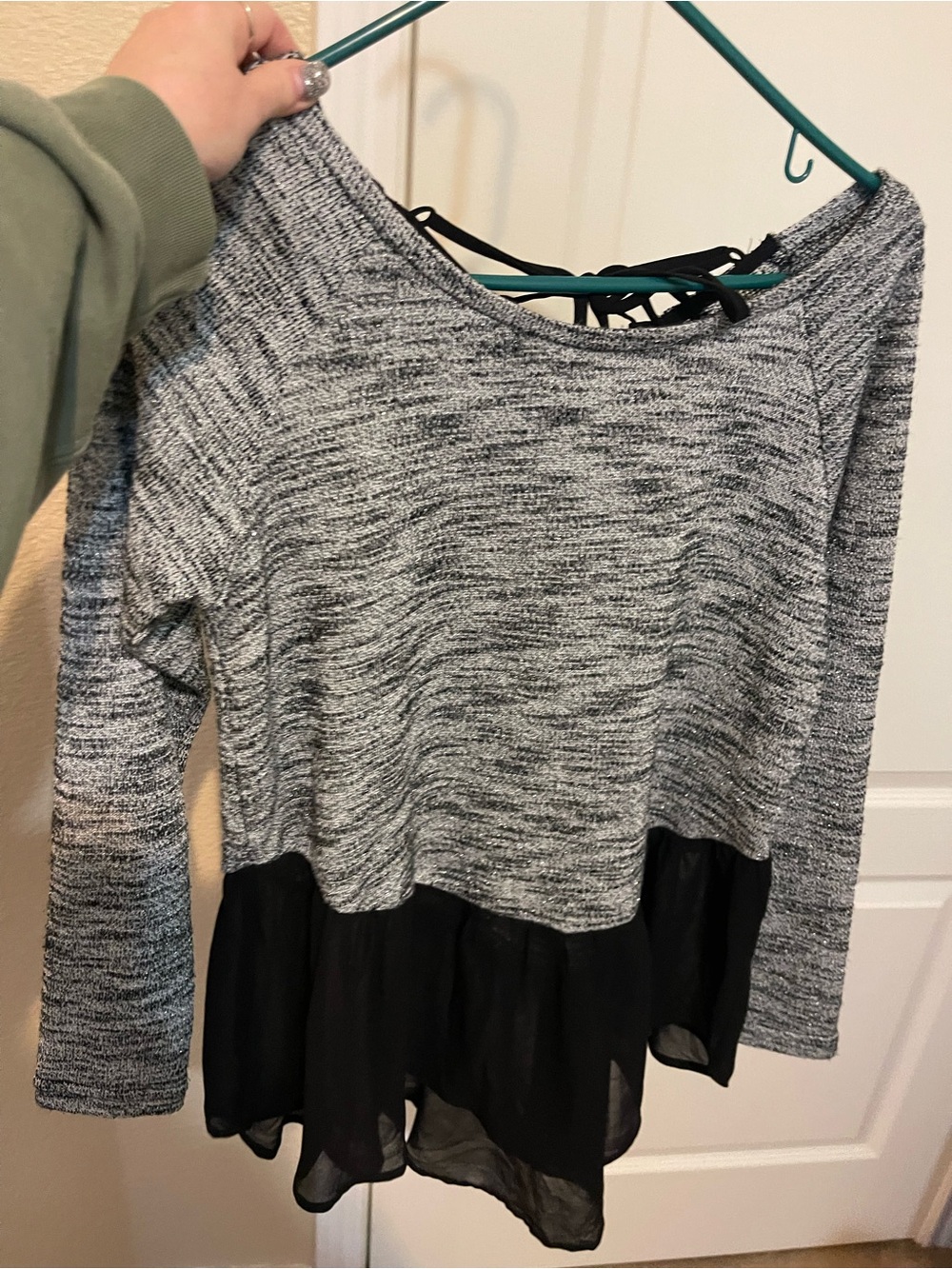 Gianni Bini Gray Marled Knit Long Sleeve Top with Black Chiffon Peplum